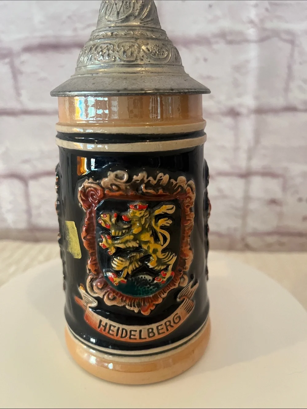 German Beer Stein made in West Germany with three shields Heidelburg, Wiesbaden
